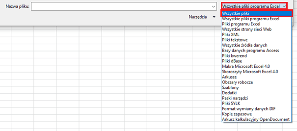 Zdjęcie przedstawiające zmianę typu pliku z "Wszystkich plików programu Excel" na "Wszystkie pliki"