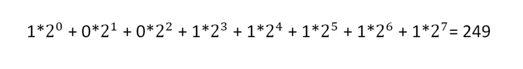 zdjęcie przedstawiające zamiany liczby 10011111 w systemie binarnym na jej zapis w systemie dziesiętnym